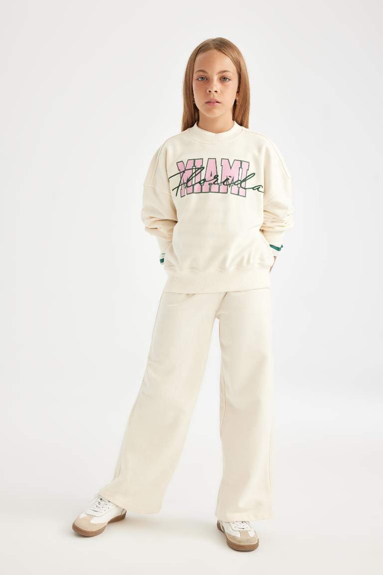 Kız Çocuk 2'li Takım Bisiklet Yaka Baskılı Sweatshirt Geniş Bol Paça Eşofman Altı 
