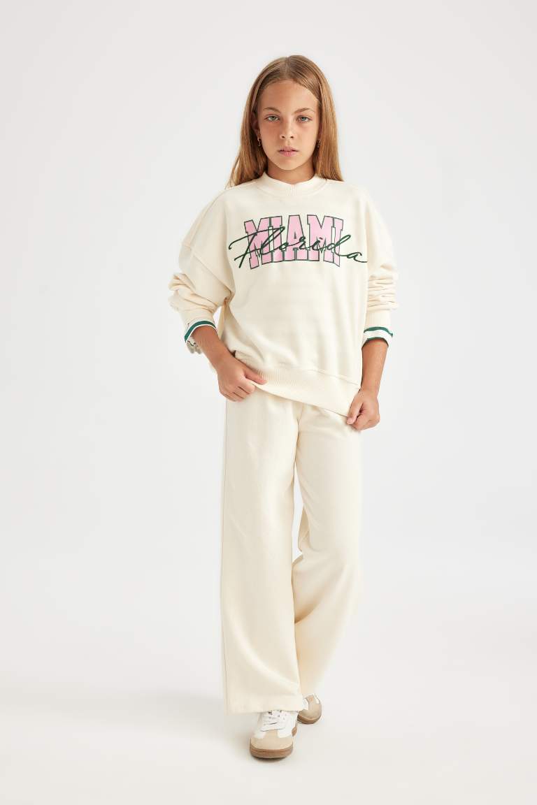 Kız Çocuk 2'li Takım Bisiklet Yaka Baskılı Sweatshirt Geniş Bol Paça Eşofman Altı 