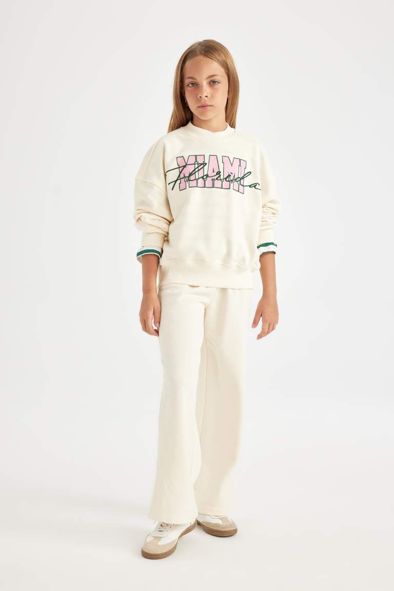 Kız Çocuk 2'li Takım Bisiklet Yaka Baskılı Sweatshirt Geniş Bol Paça Eşofman Altı 