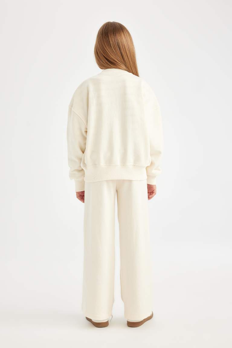 Kız Çocuk 2'li Takım Bisiklet Yaka Baskılı Sweatshirt Geniş Bol Paça Eşofman Altı 