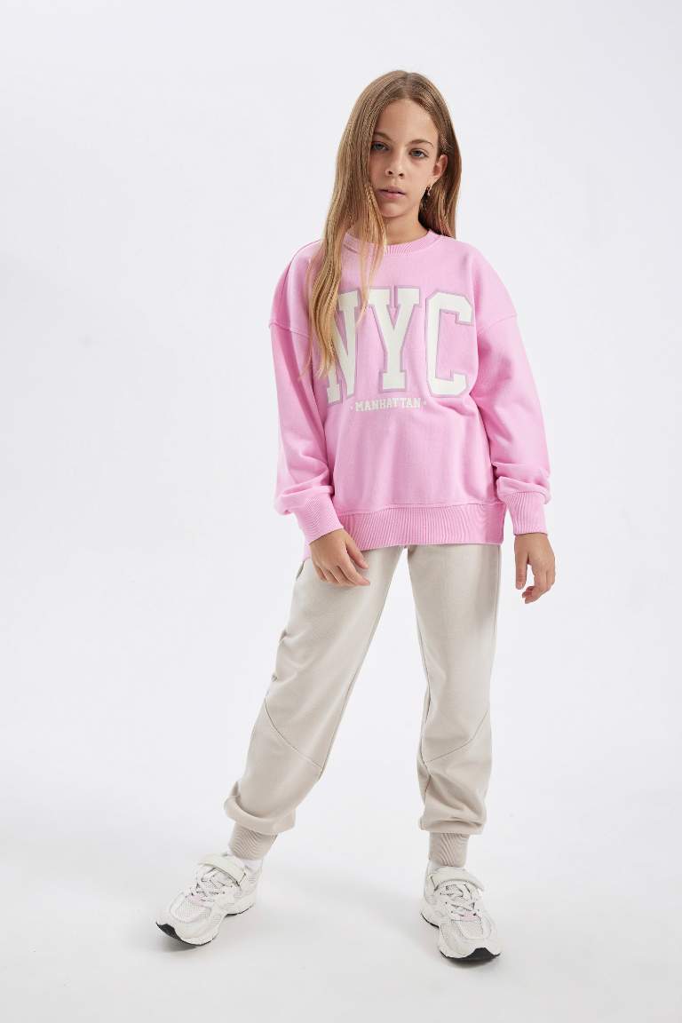Kız Çocuk Pembe Oversize Geniş Kalıp Bisiklet Yaka Baskılı Okul Sweatshirt