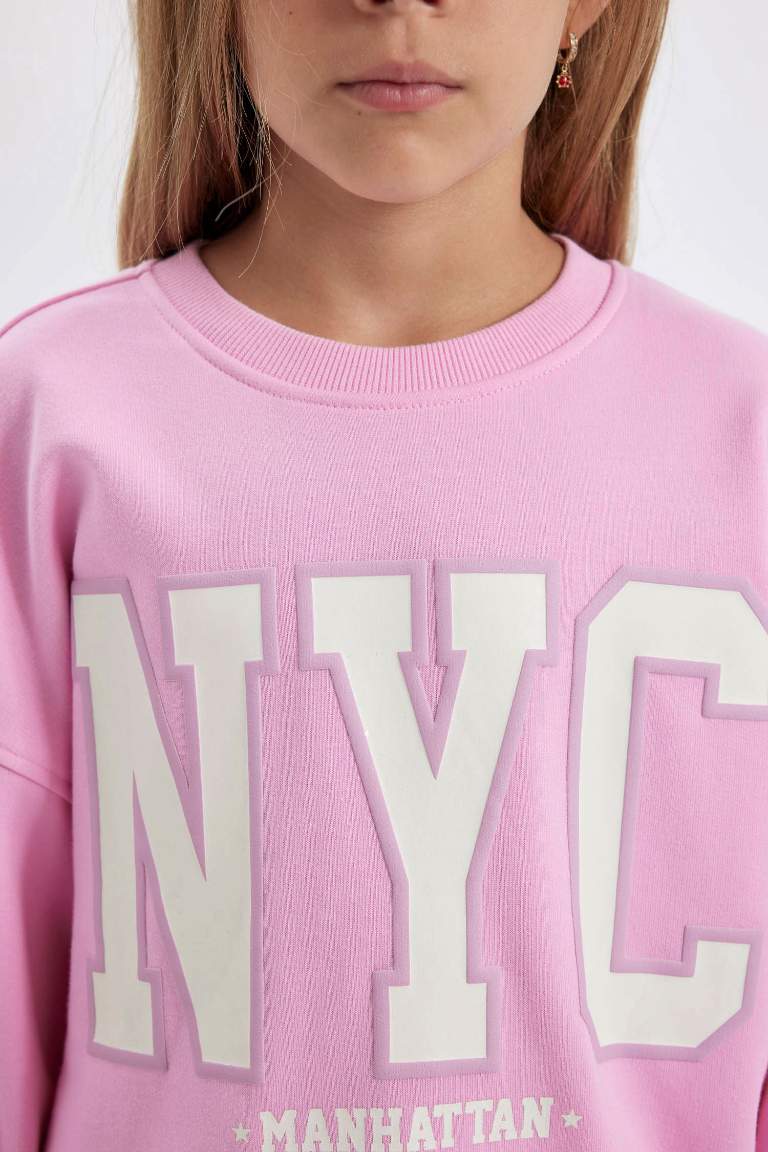 Kız Çocuk Pembe Oversize Geniş Kalıp Bisiklet Yaka Baskılı Okul Sweatshirt