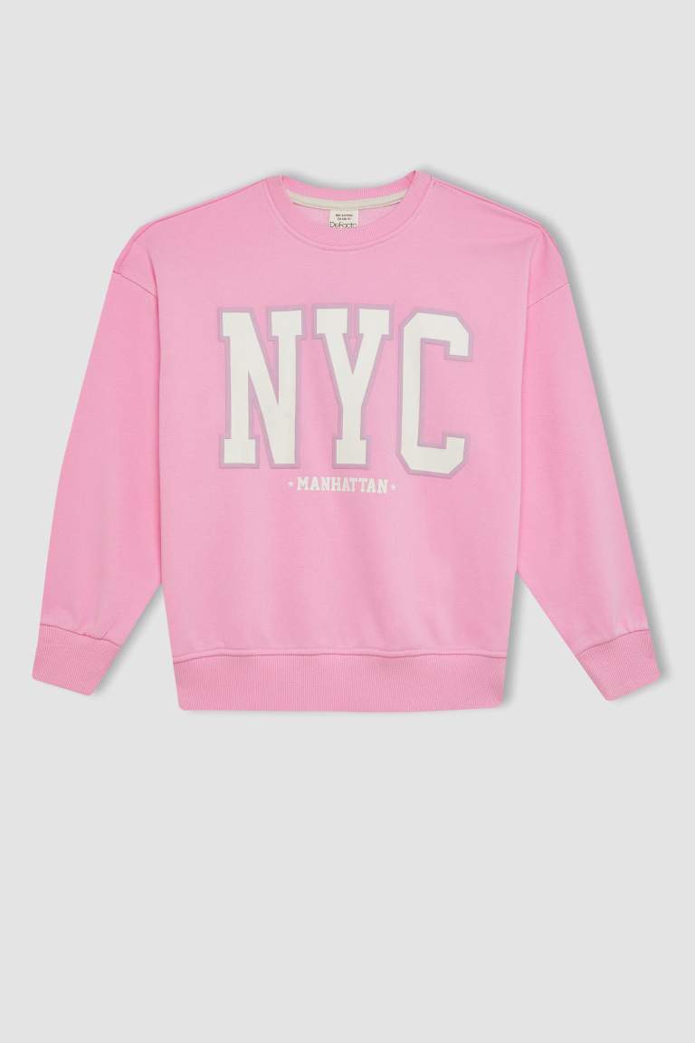 Kız Çocuk Pembe Oversize Geniş Kalıp Bisiklet Yaka Baskılı Okul Sweatshirt