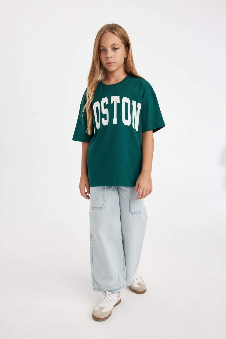 Girl Oversize Fit Crew Neck Text Printed T-Shirt