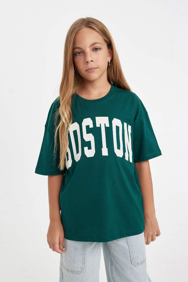 Girl Oversize Fit Crew Neck Text Printed T-Shirt