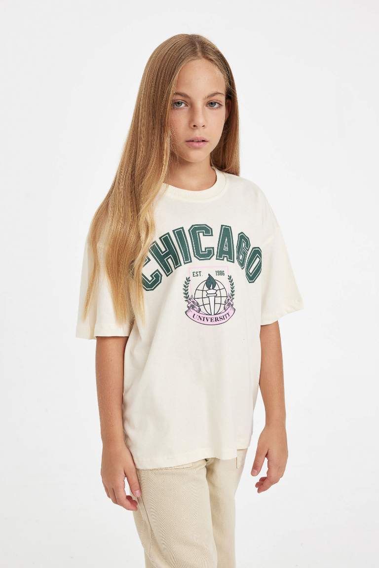 Girl Oversize Fit Crew Neck Printed School T-Shirt