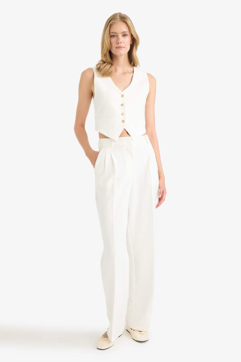 Crop V Yaka Keten Karışımlı Blazer Yelek