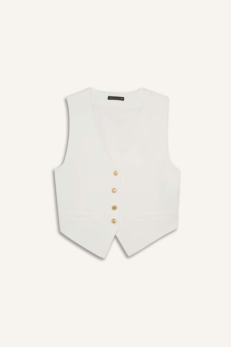 Crop V Yaka Keten Karışımlı Blazer Yelek