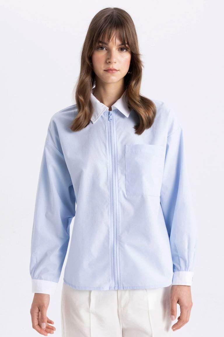 Relax Fit Zippered Poplin Long Sleeve Shirt Tunic