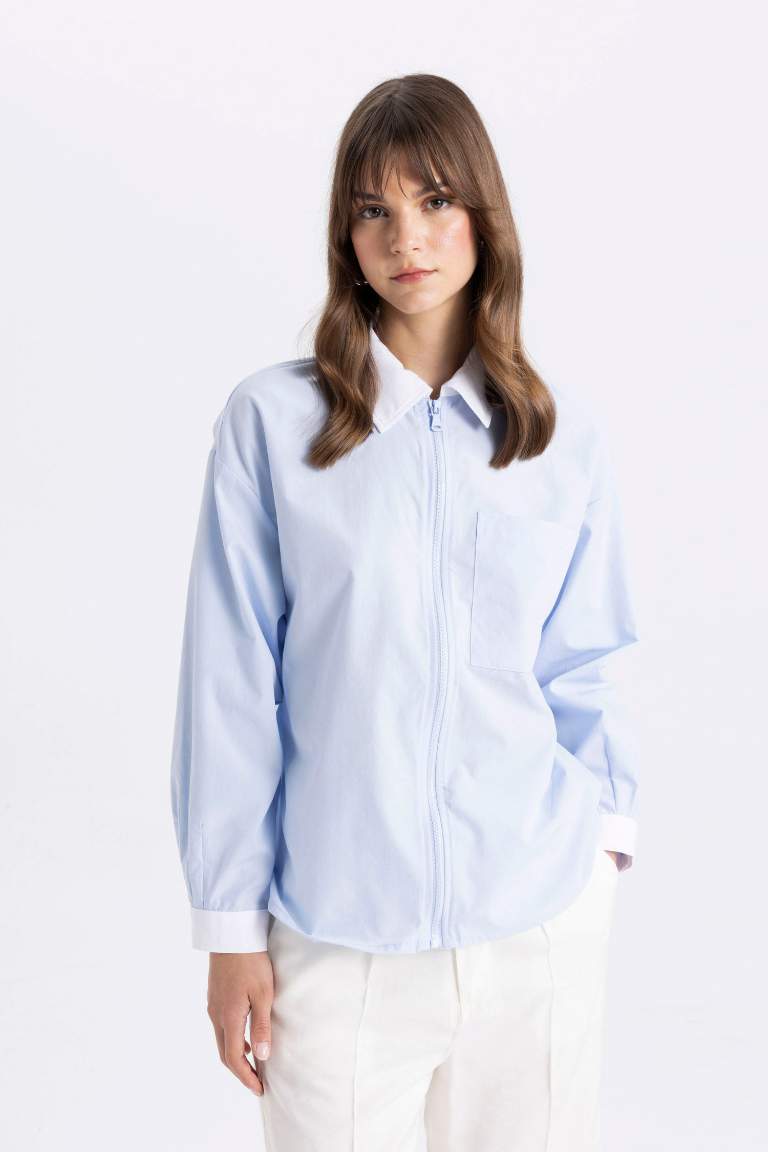 Relax Fit Zippered Poplin Long Sleeve Shirt Tunic