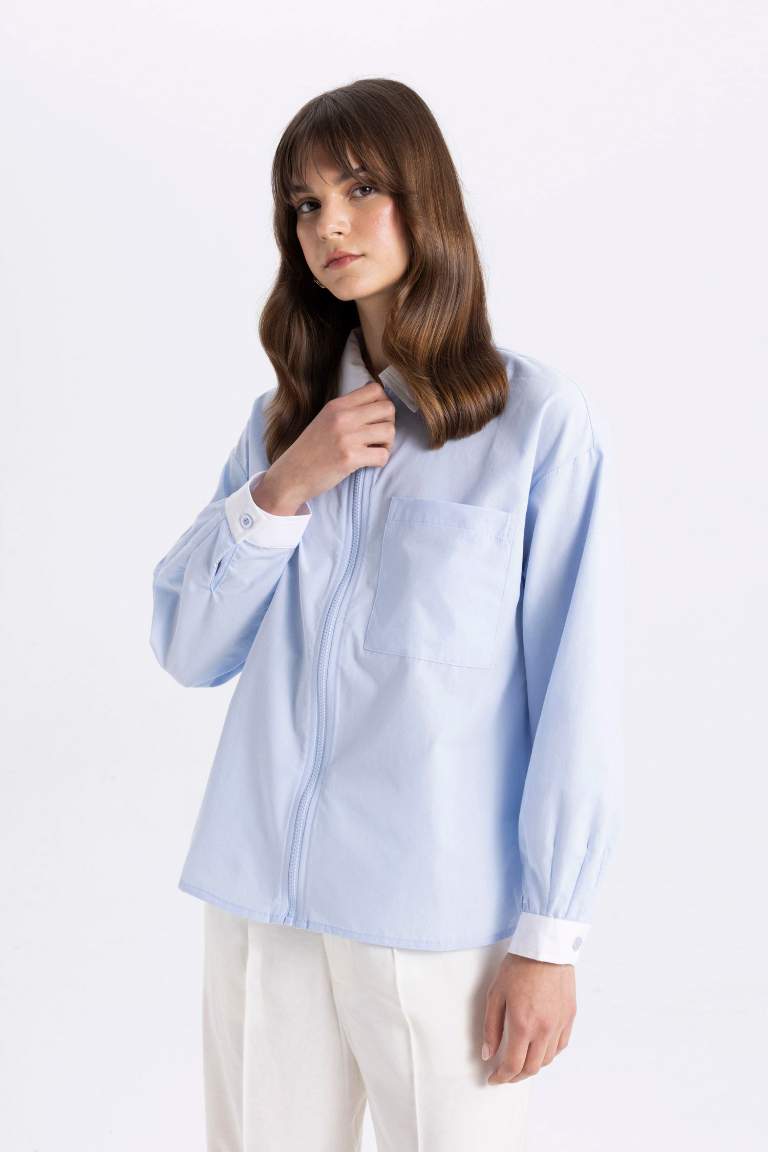 Relax Fit Zippered Poplin Long Sleeve Shirt Tunic