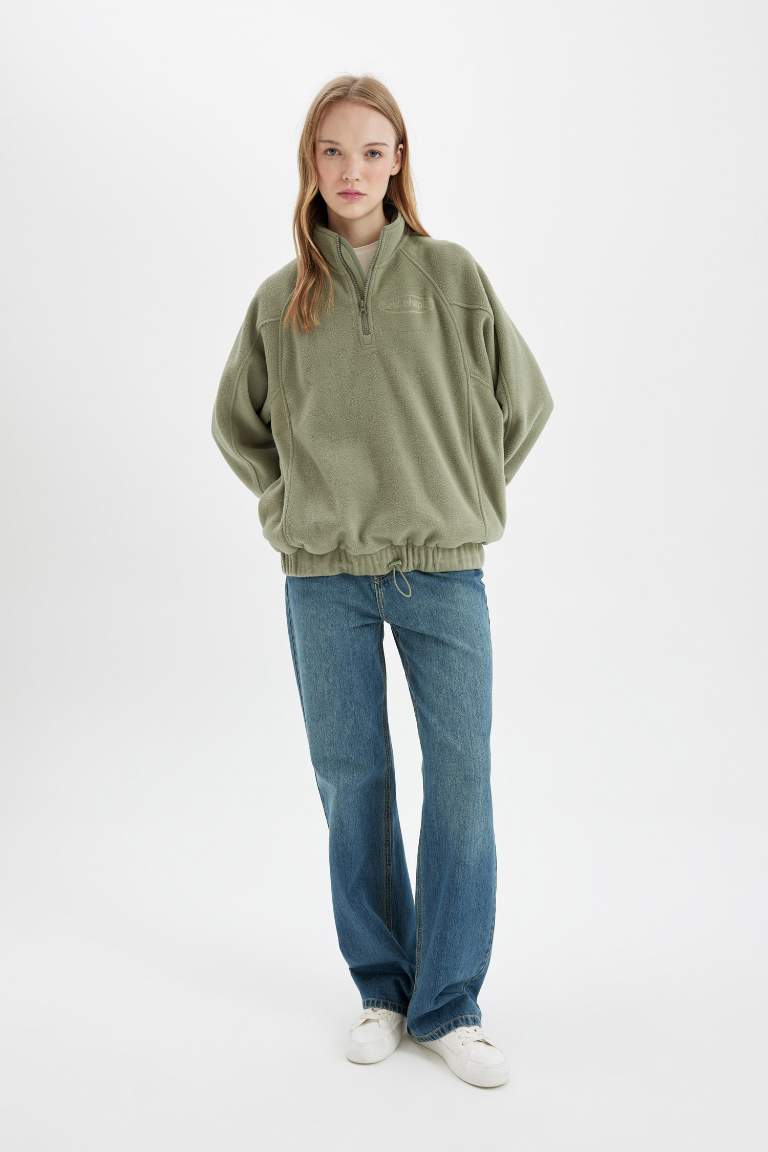 Regular Fit Fermuarlı Dik Yaka Baskılı Polar Sweatshirt