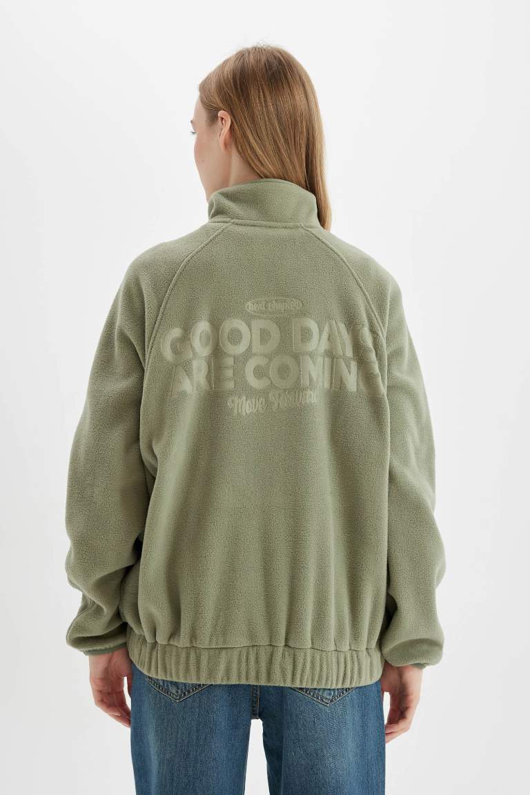 Regular Fit Fermuarlı Dik Yaka Baskılı Polar Sweatshirt