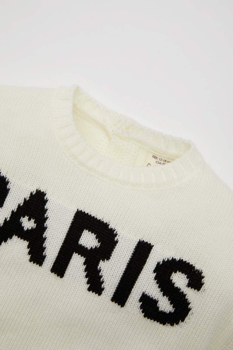 Baby Girl Beige Paris Printed Crew Neck Knitted Pullover