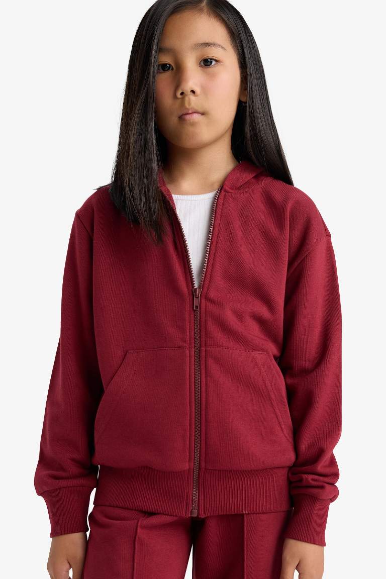 Kız Çocuk Basic Düz Kapüşonlu Fermuarlı Sweatshirt