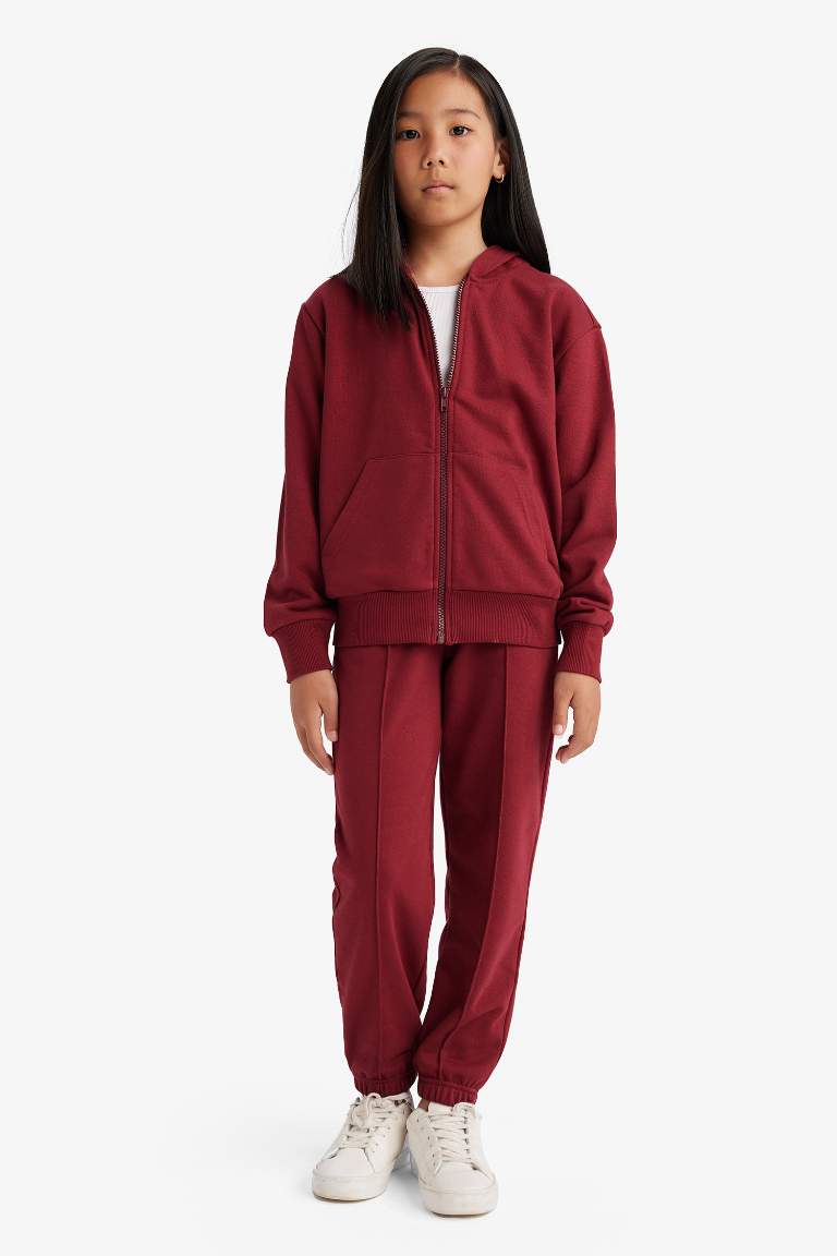 Kız Çocuk Basic Düz Kapüşonlu Fermuarlı Sweatshirt