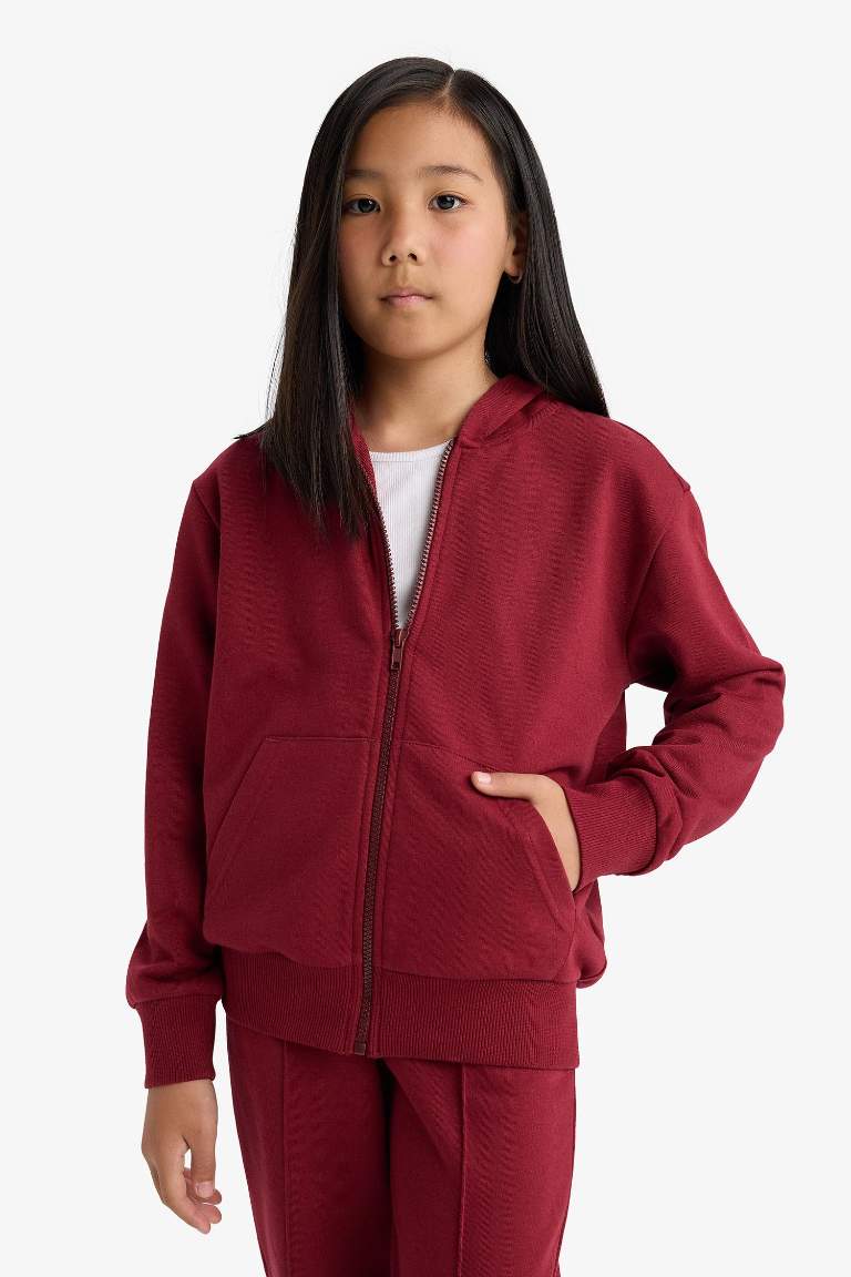 Kız Çocuk Basic Düz Kapüşonlu Fermuarlı Sweatshirt