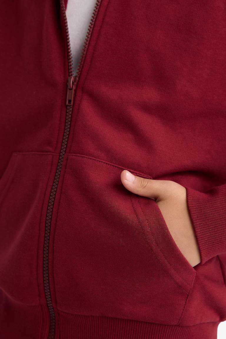 Kız Çocuk Basic Düz Kapüşonlu Fermuarlı Sweatshirt