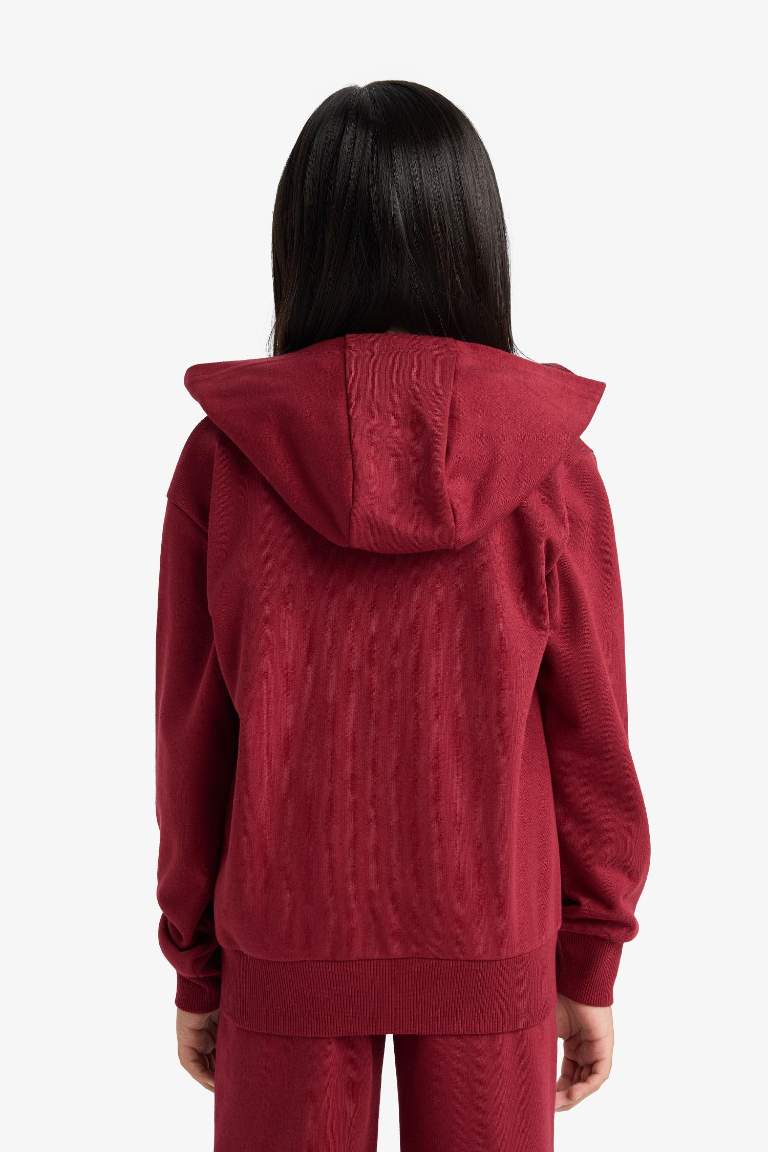 Kız Çocuk Basic Düz Kapüşonlu Fermuarlı Sweatshirt