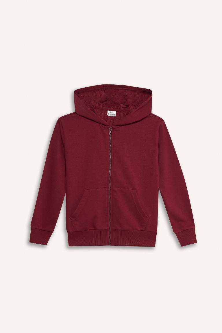 Kız Çocuk Basic Düz Kapüşonlu Fermuarlı Sweatshirt