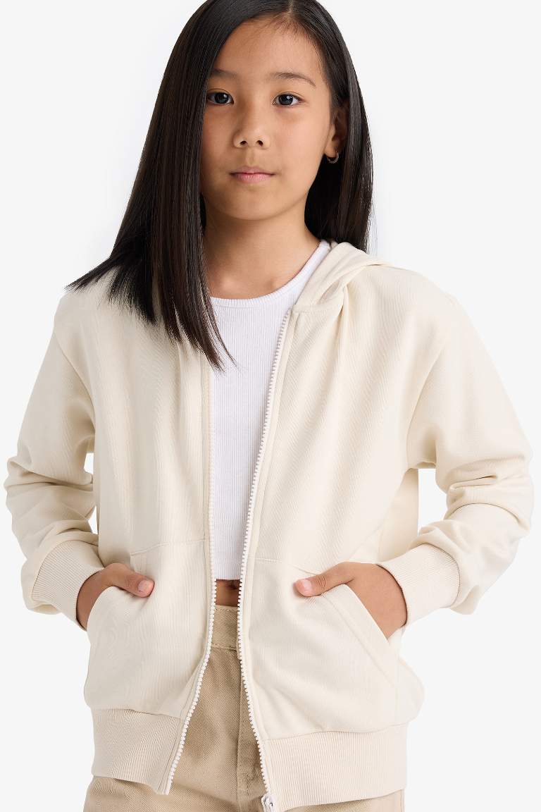 Kız Çocuk Basic Düz Kapüşonlu Fermuarlı Sweatshirt