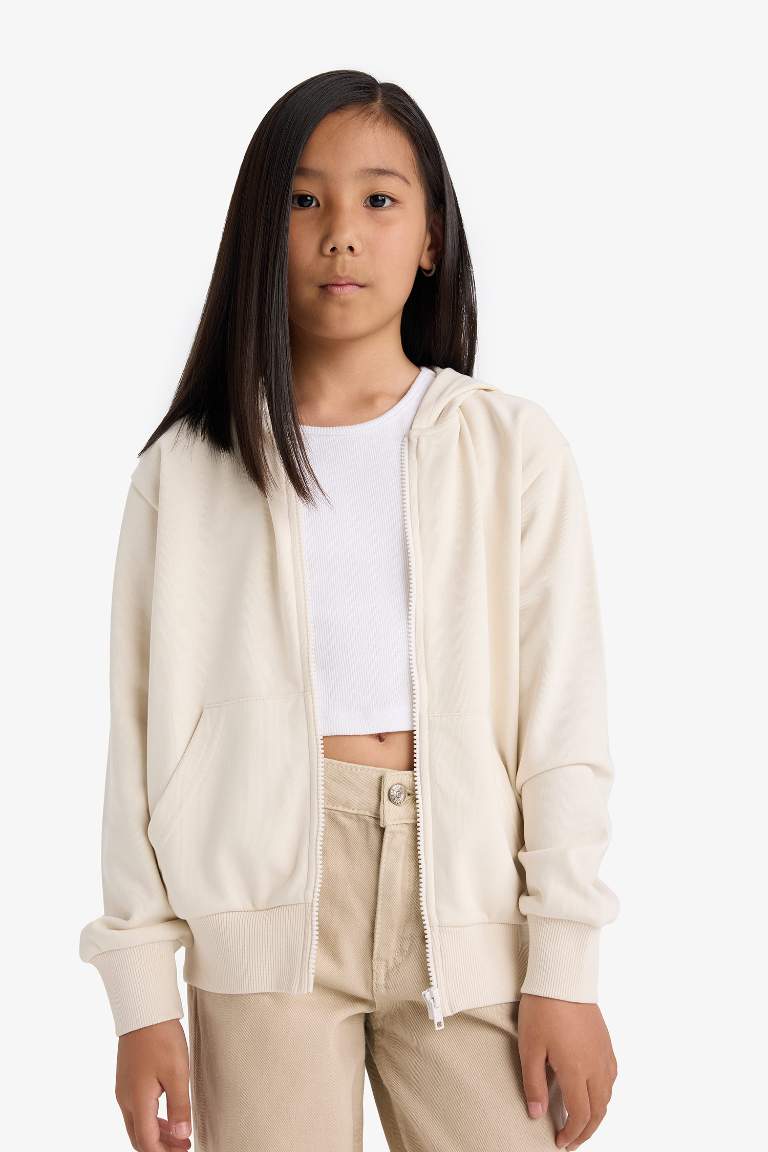 Kız Çocuk Basic Düz Kapüşonlu Fermuarlı Sweatshirt
