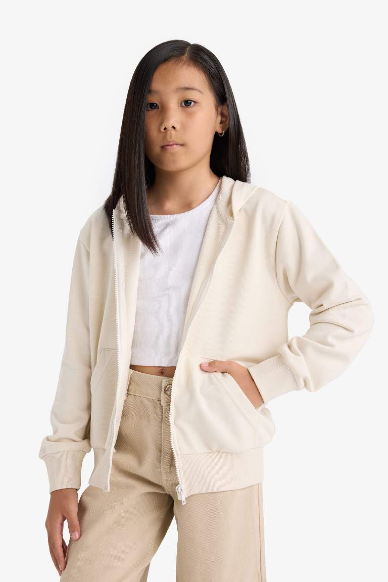 Kız Çocuk Basic Düz Kapüşonlu Fermuarlı Sweatshirt