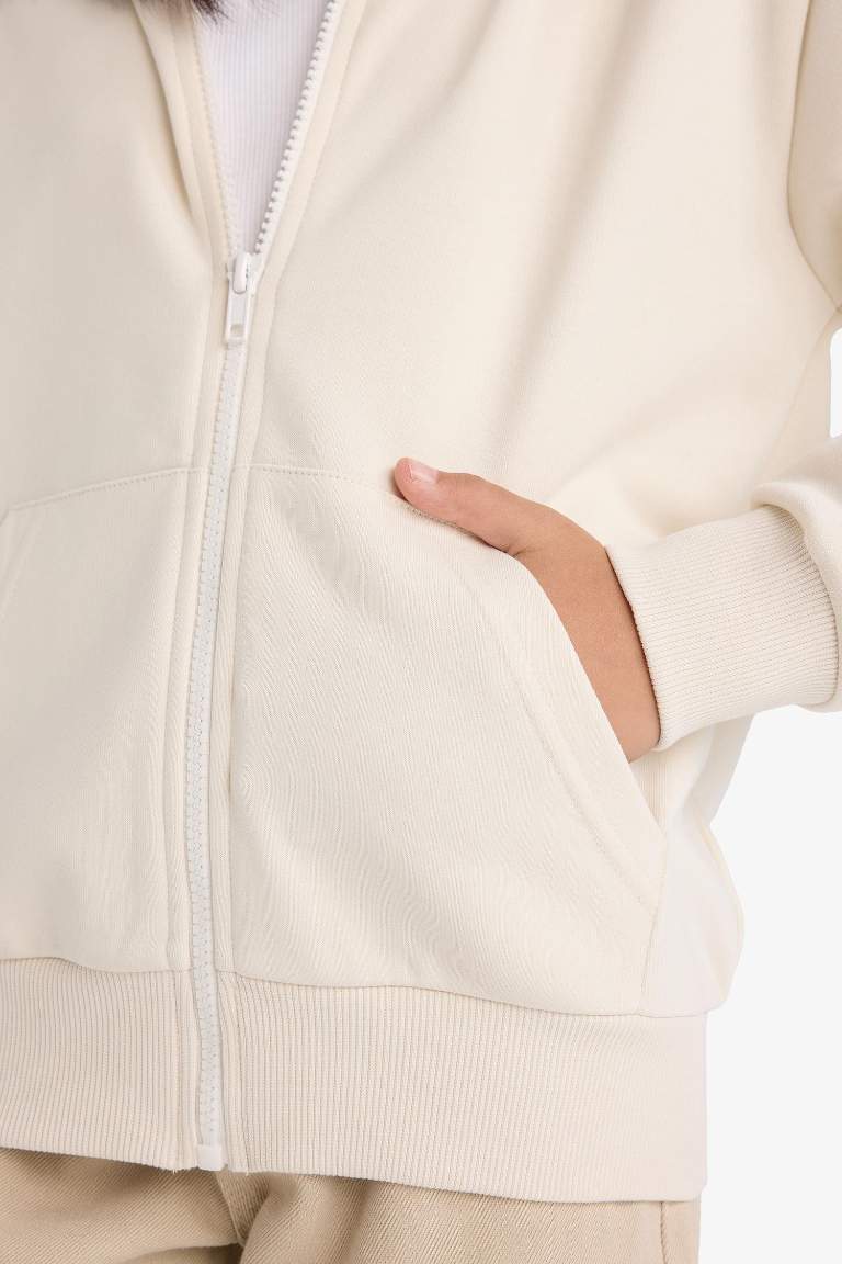 Kız Çocuk Basic Düz Kapüşonlu Fermuarlı Sweatshirt