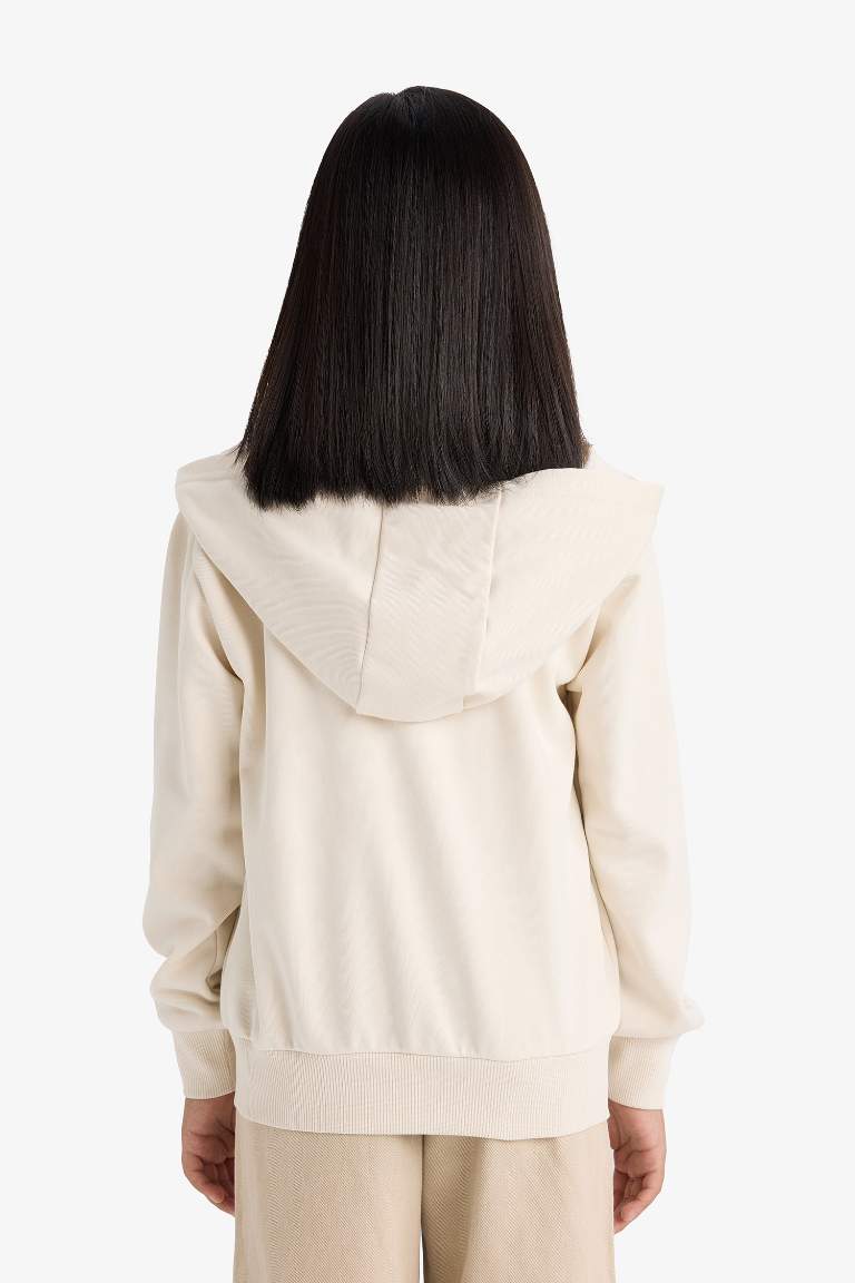 Kız Çocuk Basic Düz Kapüşonlu Fermuarlı Sweatshirt