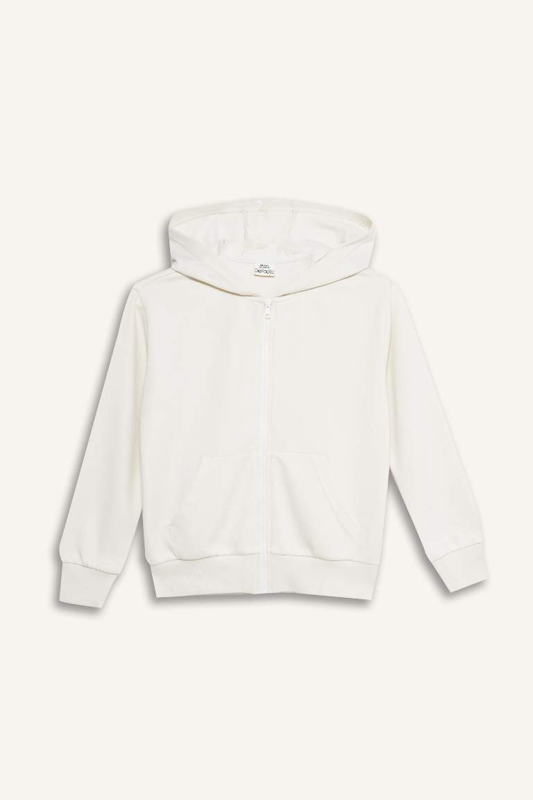 Kız Çocuk Basic Düz Kapüşonlu Fermuarlı Sweatshirt