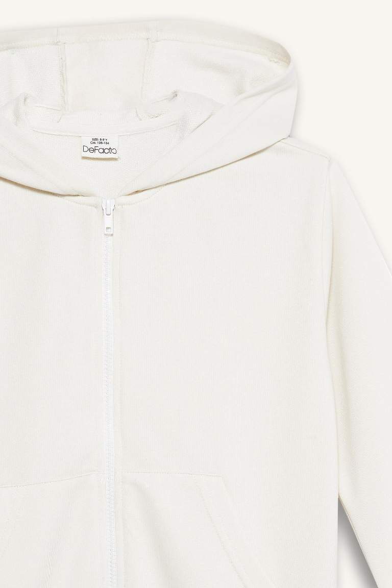 Kız Çocuk Basic Düz Kapüşonlu Fermuarlı Sweatshirt
