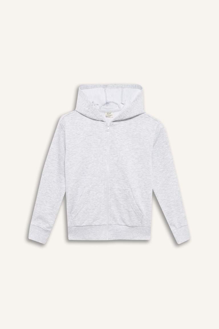 Kız Çocuk Basic Düz Kapüşonlu Okul Fermuarlı Sweatshirt