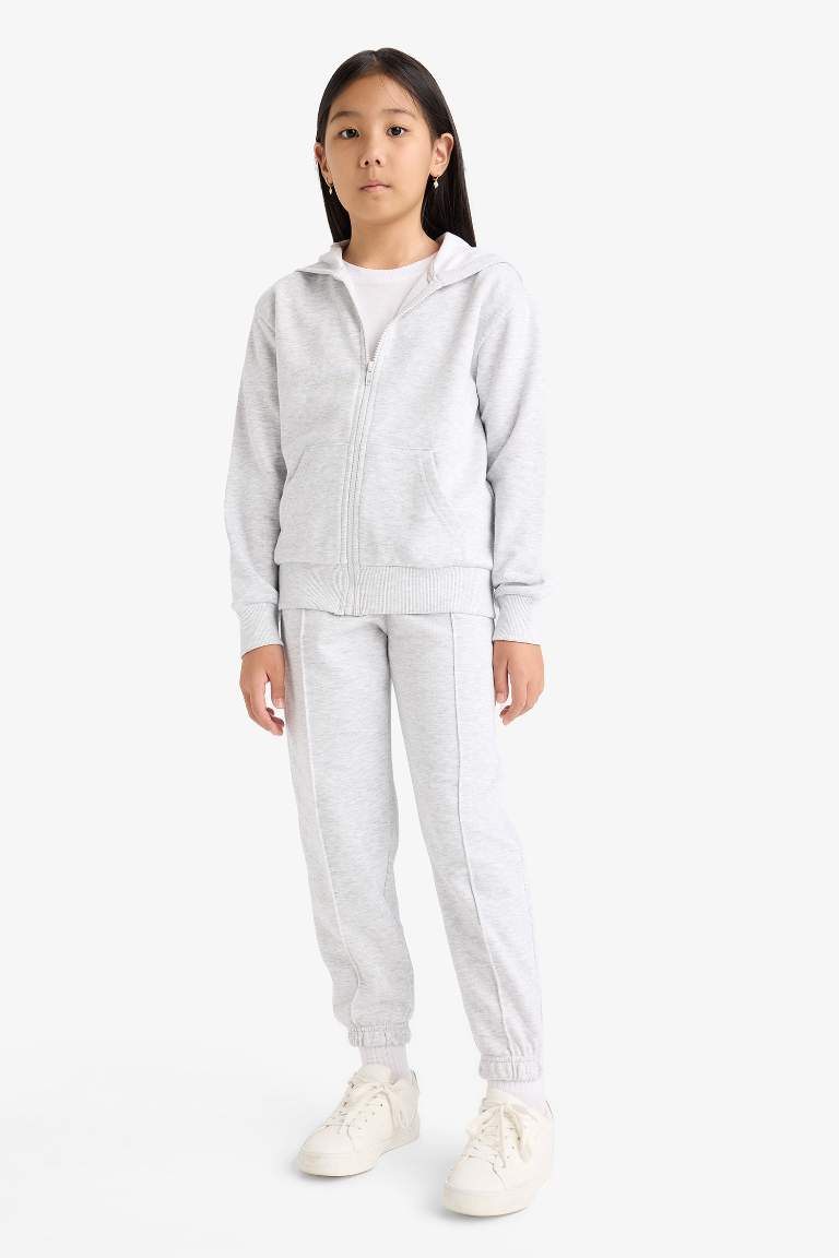 Kız Çocuk Basic Düz Kapüşonlu Okul Fermuarlı Sweatshirt