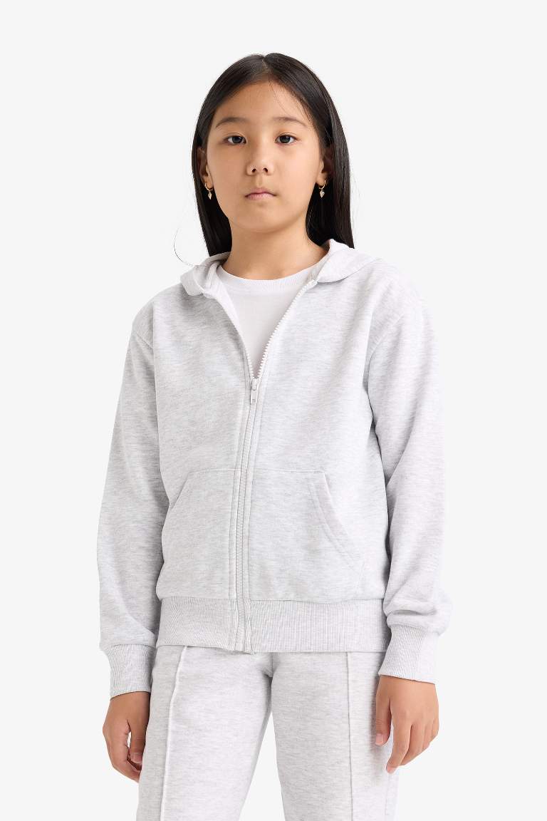 Kız Çocuk Basic Düz Kapüşonlu Okul Fermuarlı Sweatshirt