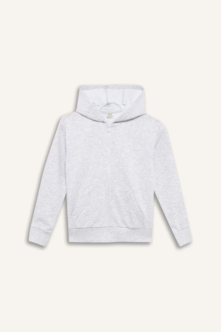 Kız Çocuk Basic Düz Kapüşonlu Okul Fermuarlı Sweatshirt