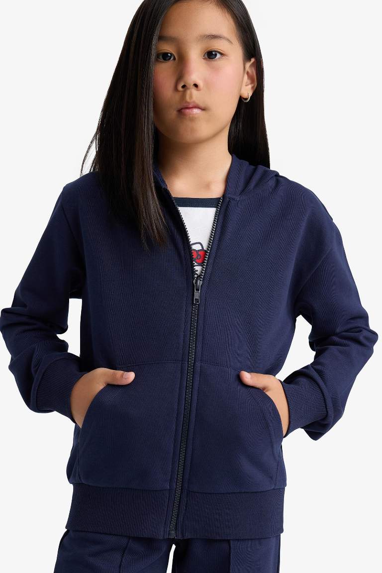 Kız Çocuk Basic Düz Kapüşonlu Fermuarlı Sweatshirt