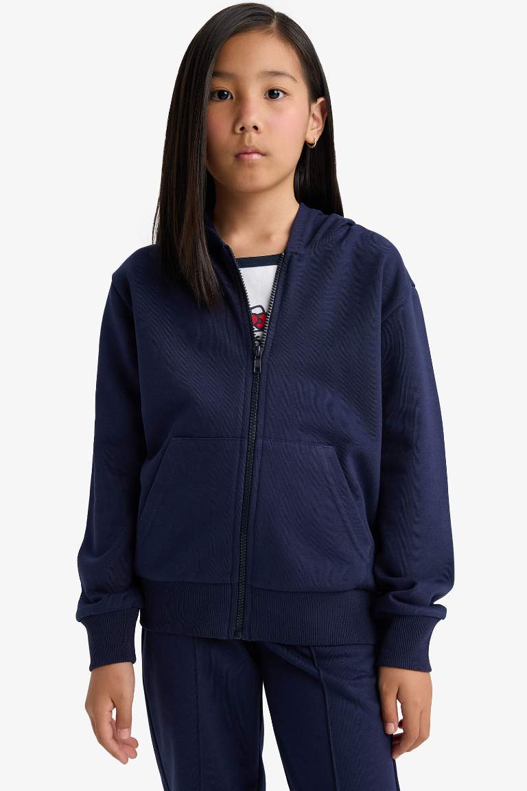 Kız Çocuk Basic Düz Kapüşonlu Fermuarlı Sweatshirt