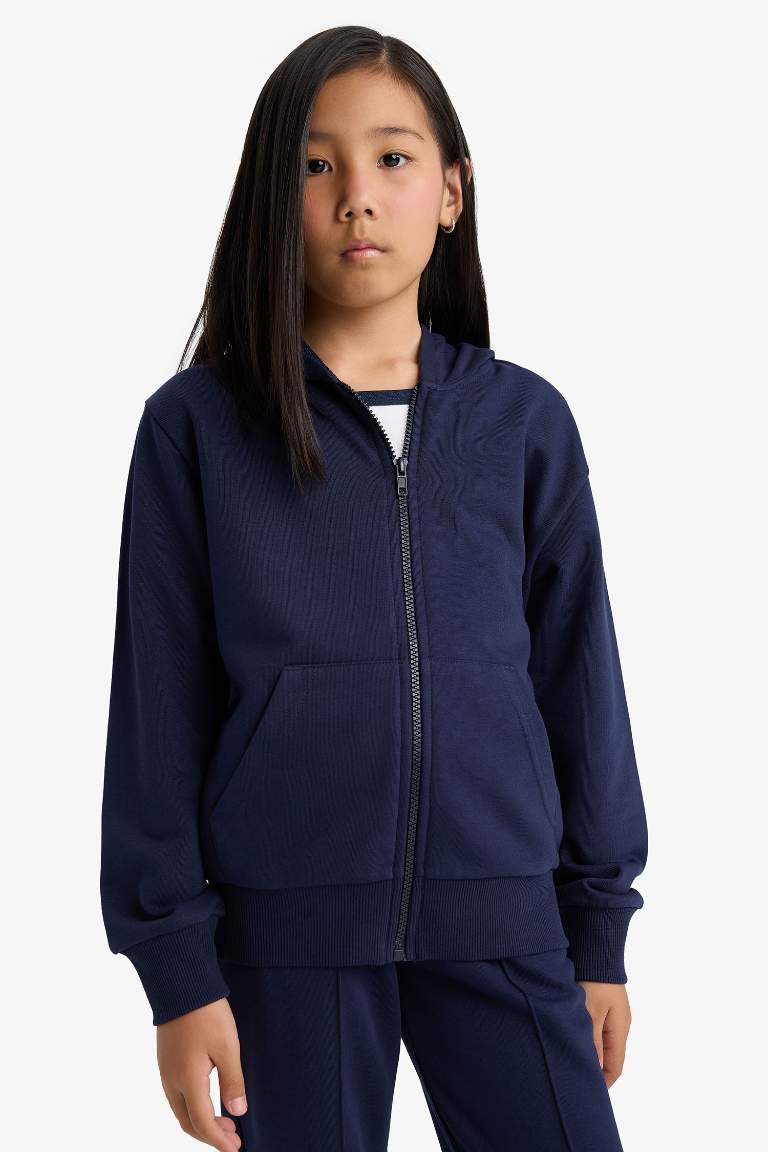 Kız Çocuk Basic Düz Kapüşonlu Fermuarlı Sweatshirt