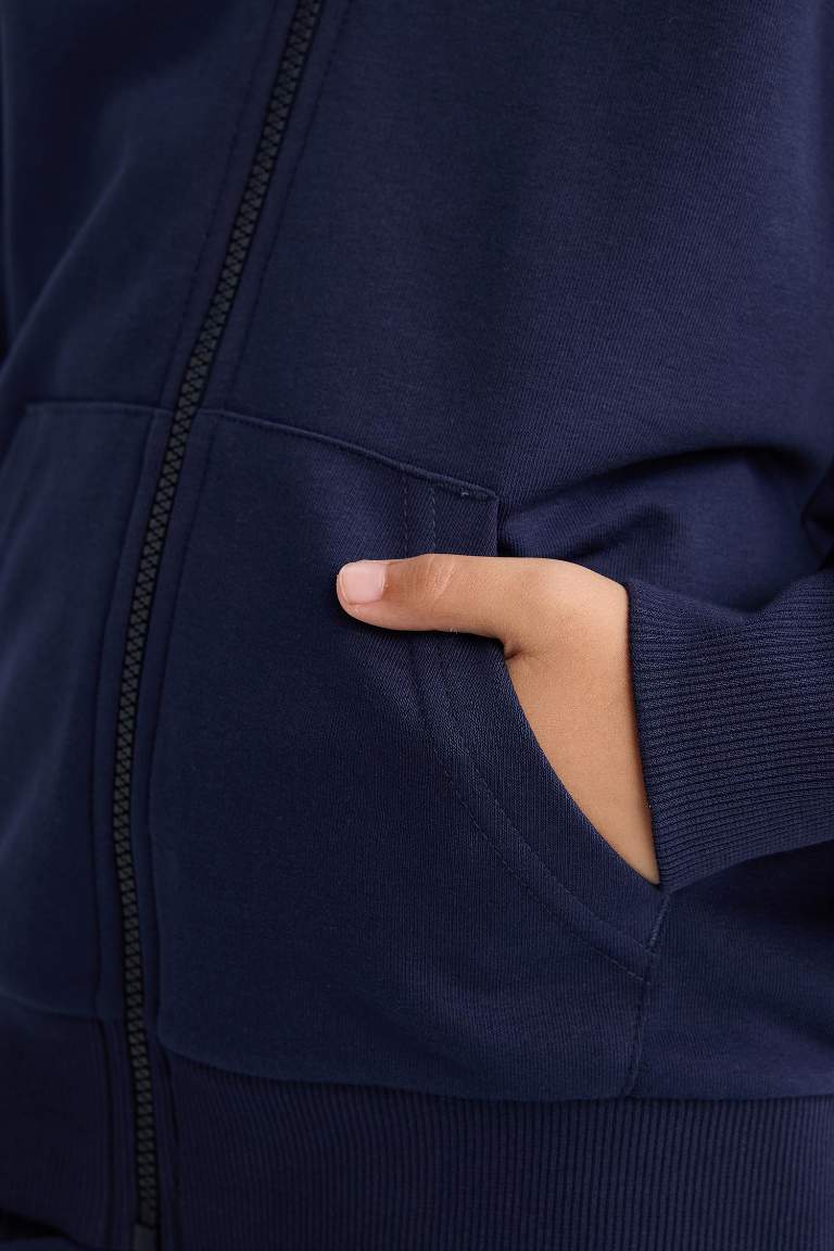Kız Çocuk Basic Düz Kapüşonlu Fermuarlı Sweatshirt