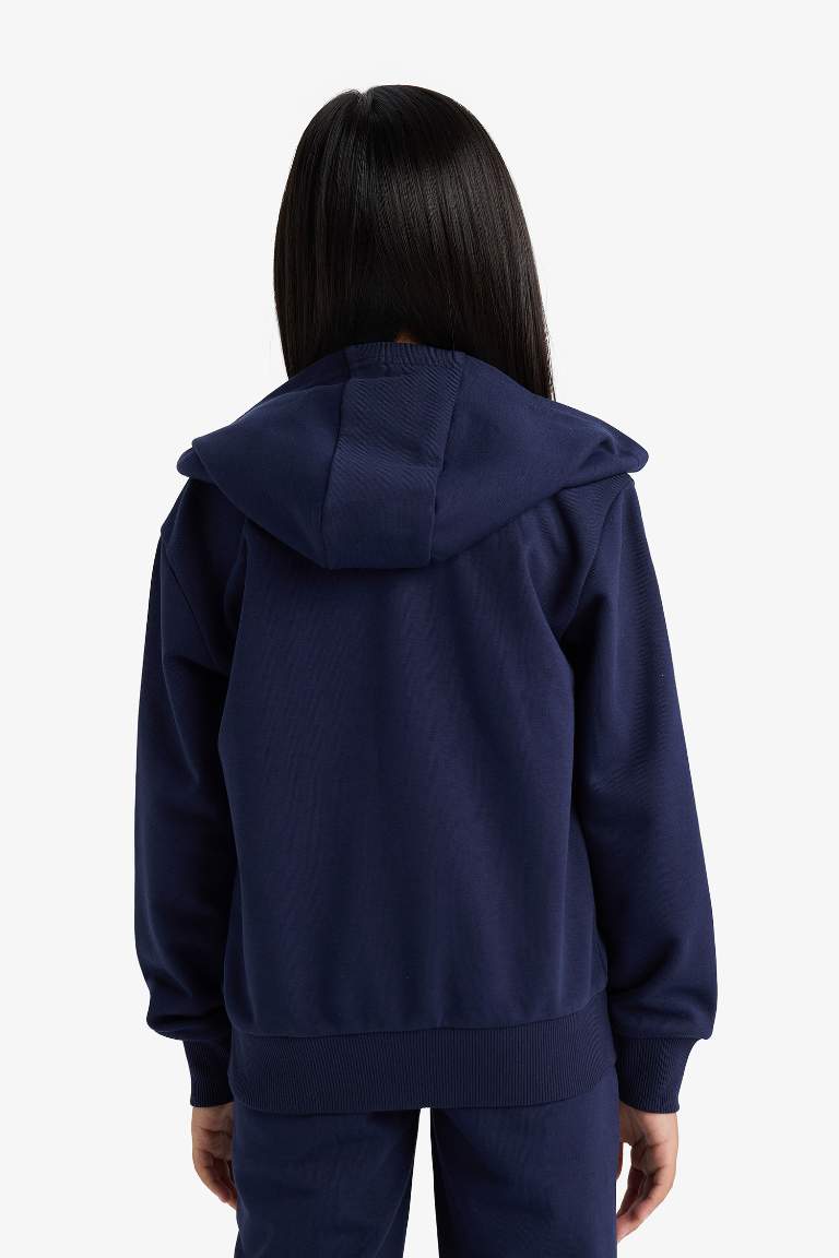 Kız Çocuk Basic Düz Kapüşonlu Fermuarlı Sweatshirt