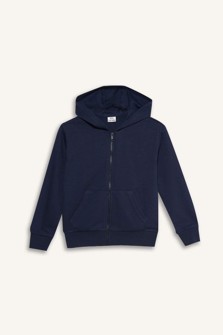 Kız Çocuk Basic Düz Kapüşonlu Fermuarlı Sweatshirt