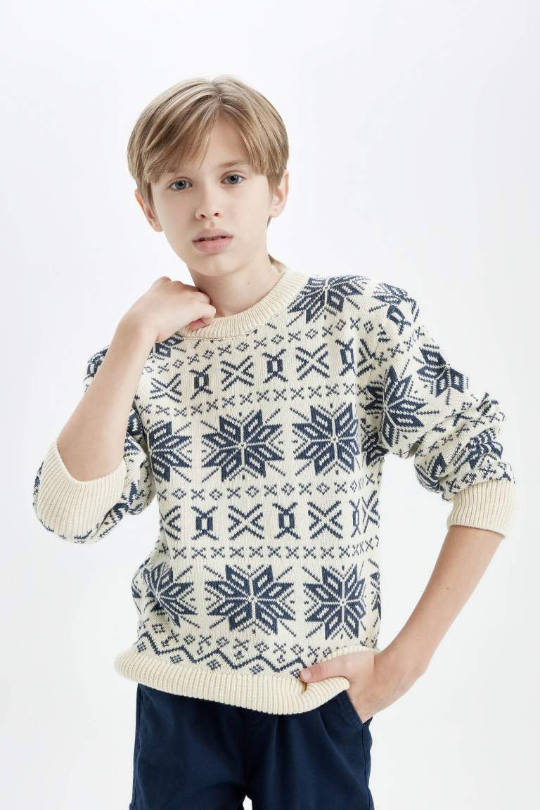 Boy Crew Neck Patterned Knitted Pullover