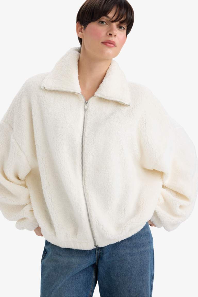 Oversize Geniş Kalıp Polo Yaka Welsoft Pelüş Hırka