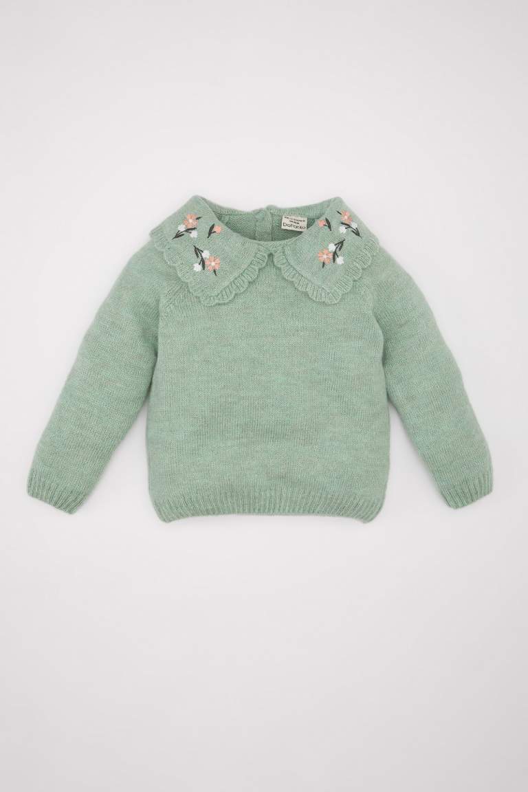 Pull en tricot vert à col large avec motif floral pour Fille