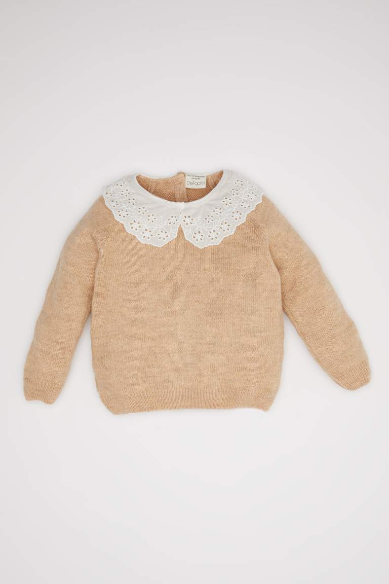 Baby Girl Beige Lace Look Collar Knitted Pullover