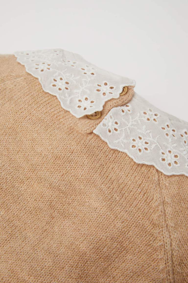 Baby Girl Beige Lace Look Collar Knitted Pullover