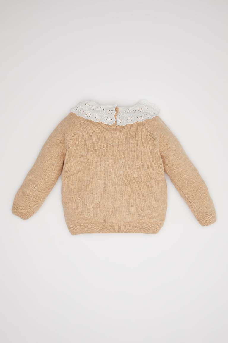 Baby Girl Beige Lace Look Collar Knitted Pullover