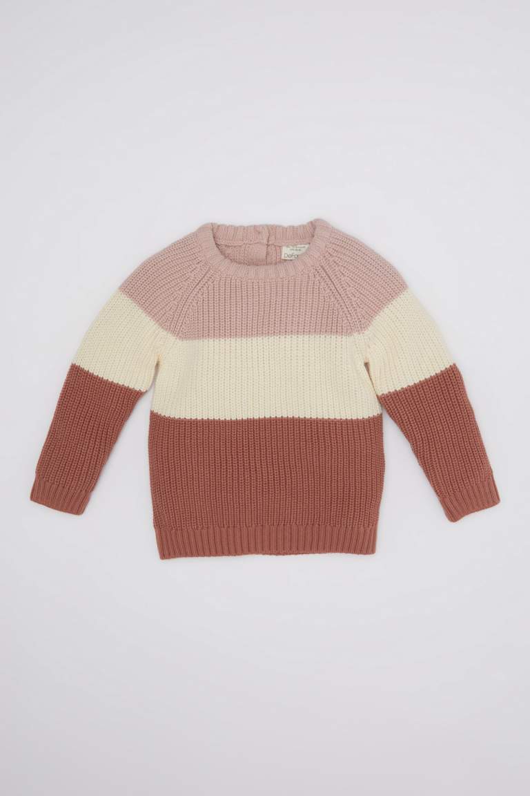 Baby Girl Color Block Crew Neck Knit Pullover