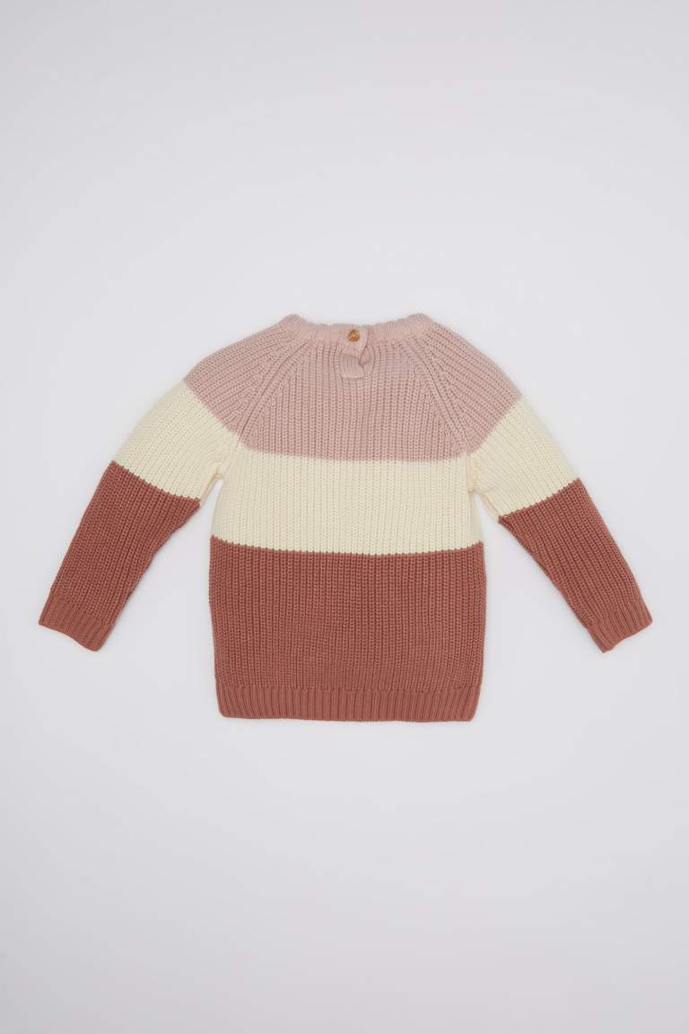 Baby Girl Color Block Crew Neck Knit Pullover