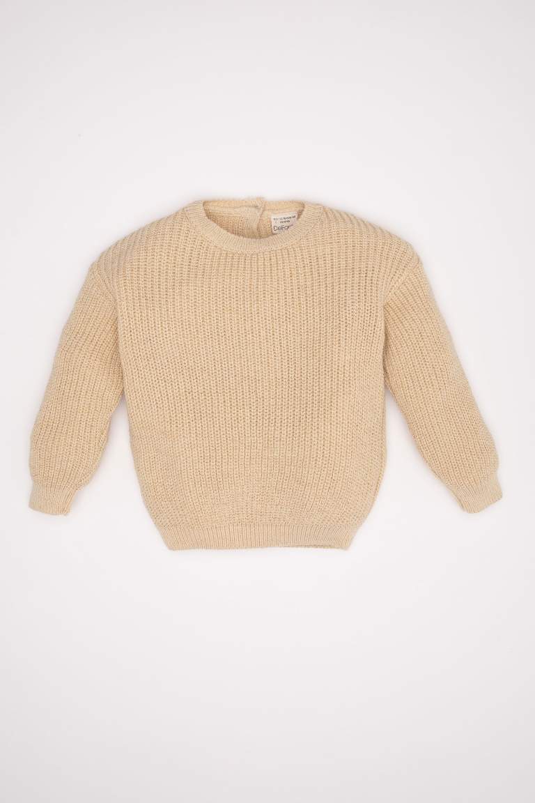 Baby Girl Beige Crew Neck Knitted Pullover